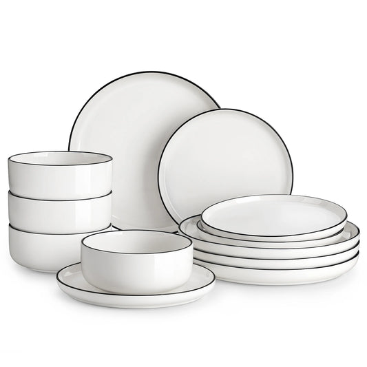 12/24 Piece Black Rim Ceramic Porcelain Dinnerware Set